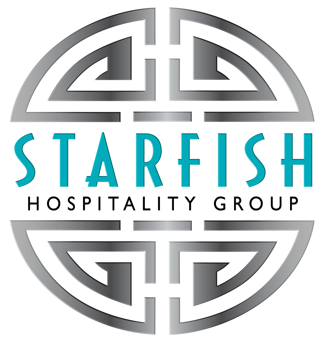 Logo for Starfish Hospitality Group featuring a large, circular metallic silver emblem with geometric Greek key or maze patterns split across the top and bottom. The word "STARFISH" is written across the center in a teal, stylized sans-serif font, with "HOSPITALITY GROUP" printed underneath in a smaller black font.